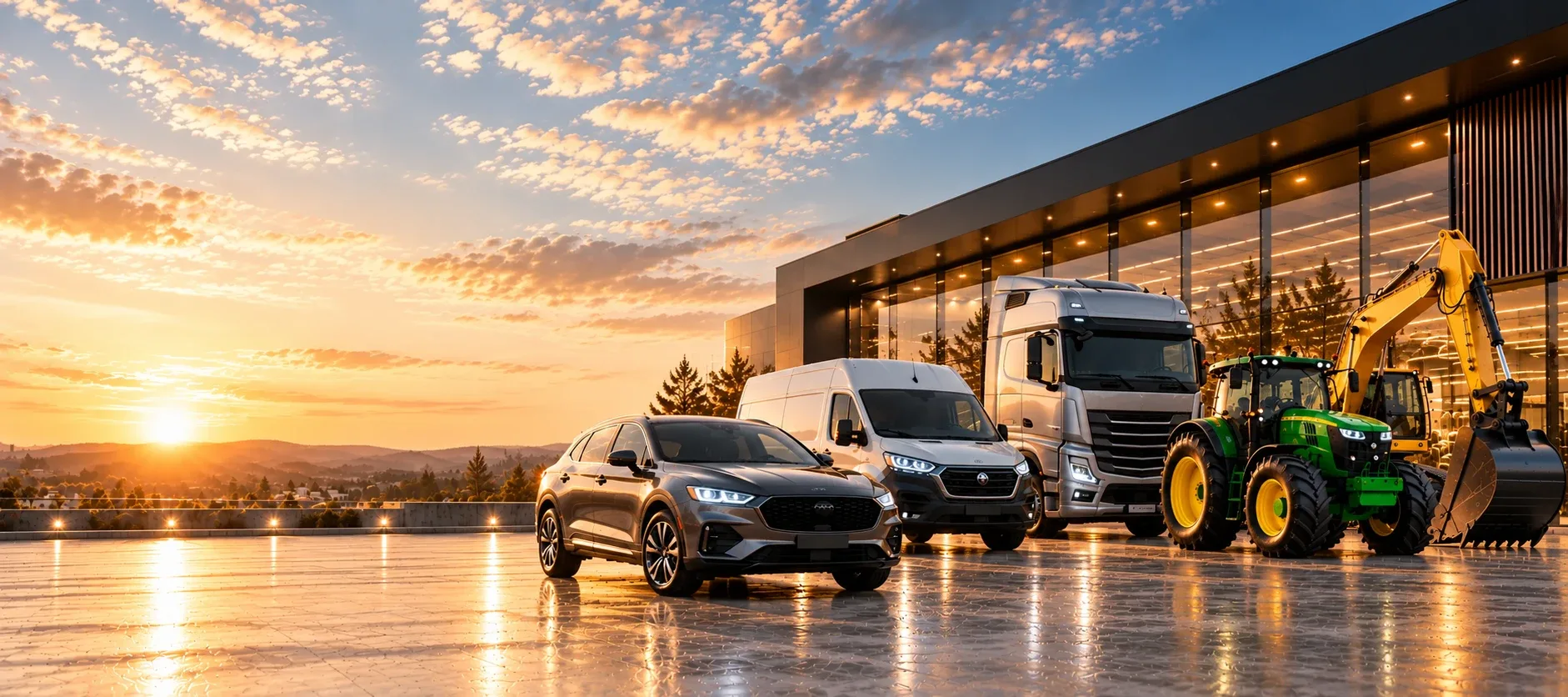 SUV, autoutilitară albă, camion, tractor verde și excavator galben în fața unui showroom de sticlă, în lumina apusului