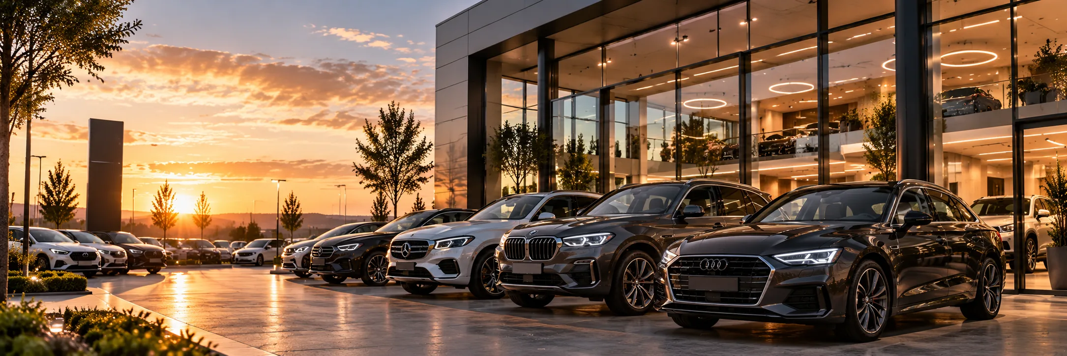 Autoturisme în fața unui showroom de dealer, la apus